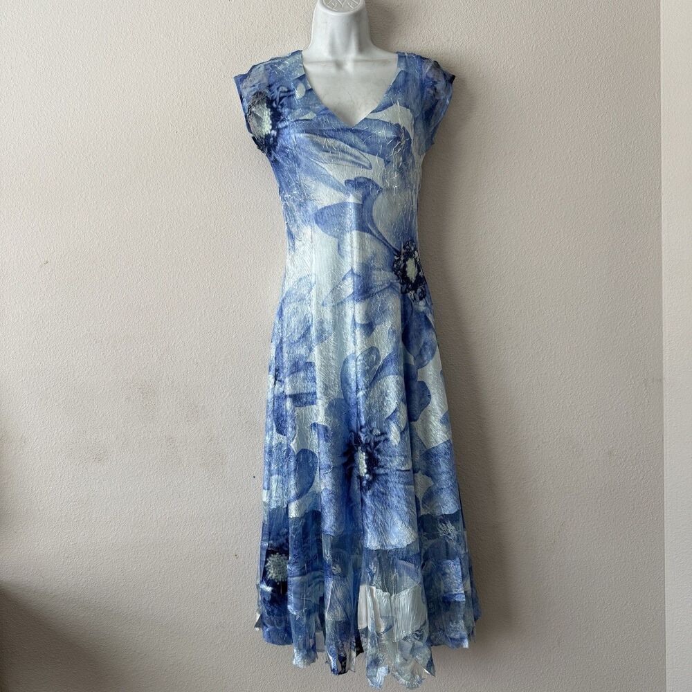Komarov Blue Floral Crinkle Midi Dress M Fairycore Ethereal Watercolor Elegant